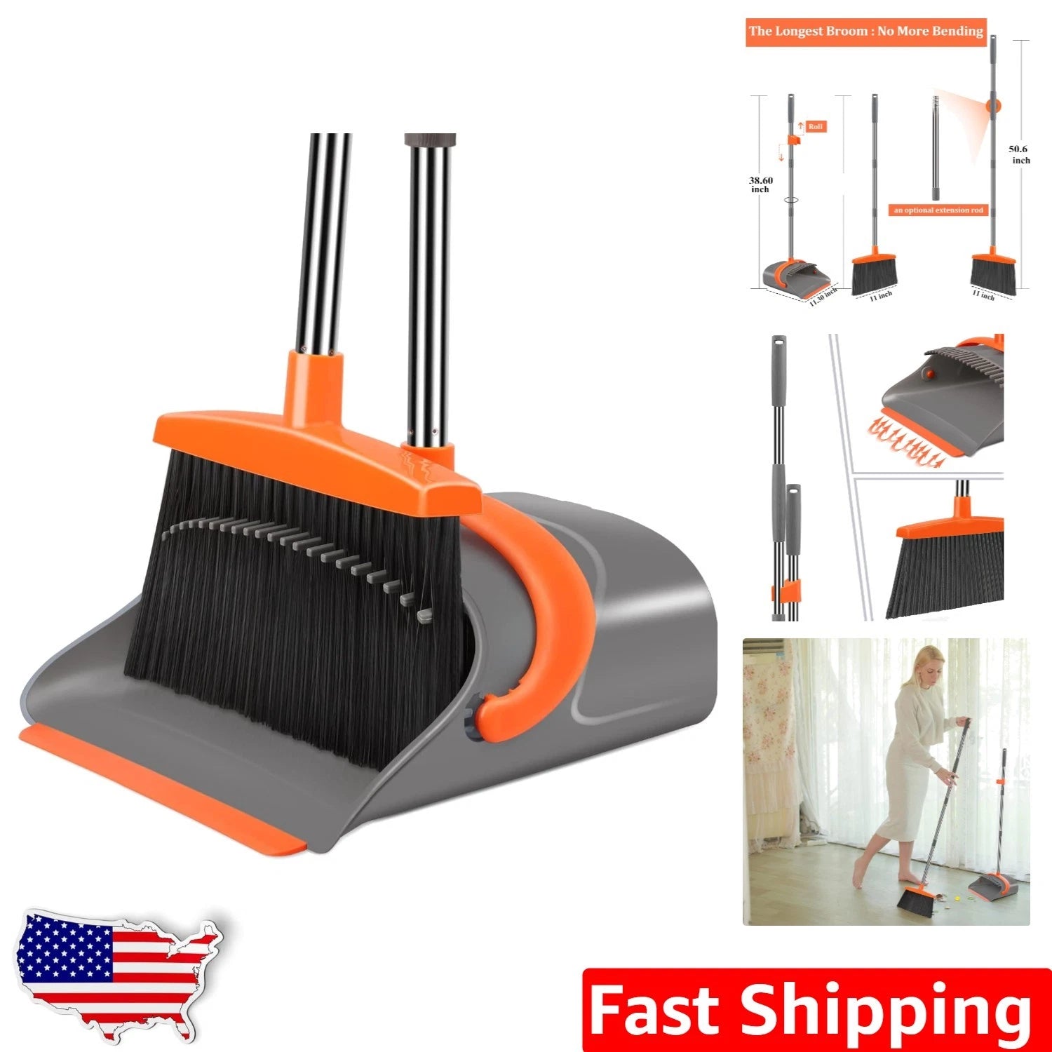 Elegant Gray & Orange Dustpan Set with Long Handle - Effortless Cleaning Tool