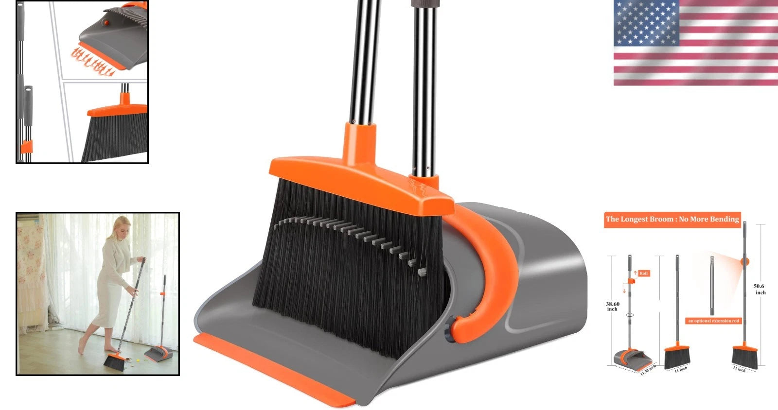 Elegant Gray & Orange Dustpan Set with Long Handle - Effortless Cleaning Tool