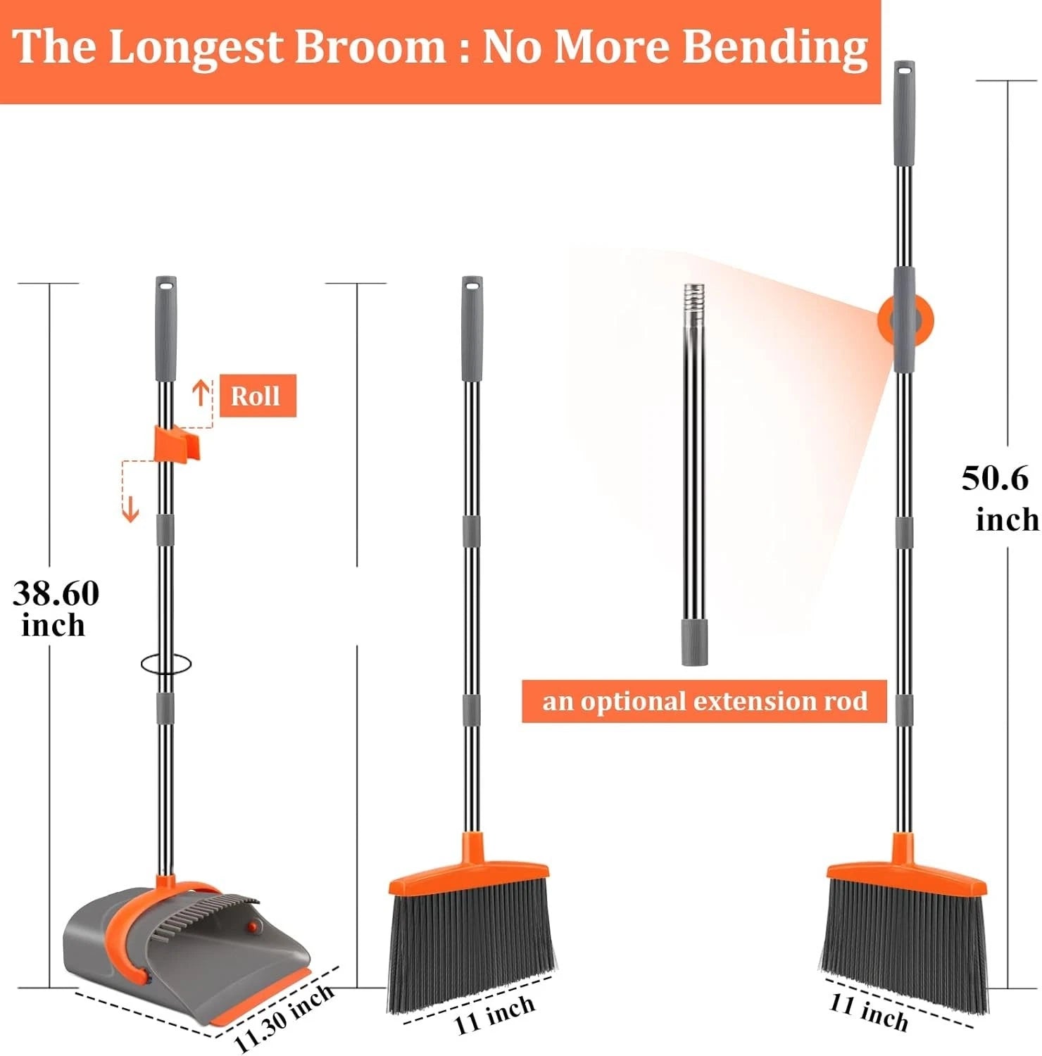 Elegant Gray & Orange Dustpan Set with Long Handle - Effortless Cleaning Tool