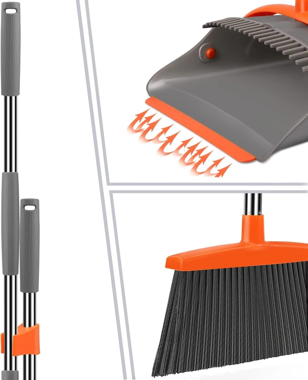Elegant Gray & Orange Dustpan Set with Long Handle - Effortless Cleaning Tool