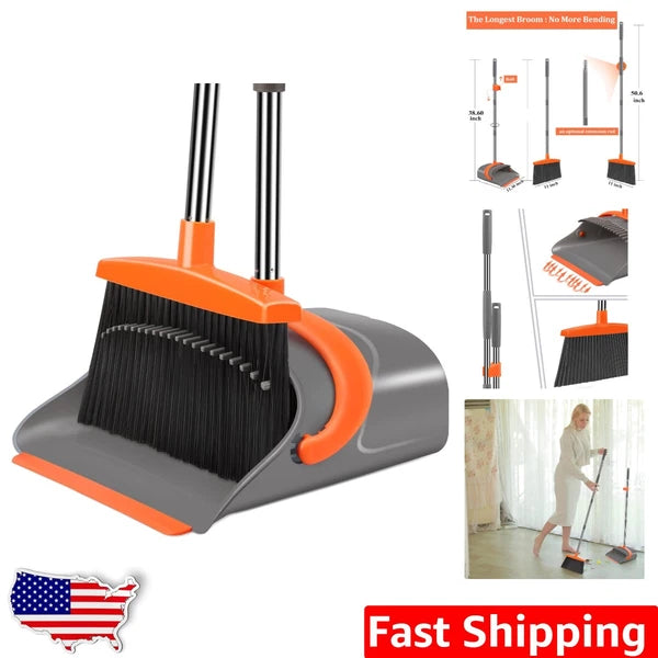 Elegant Gray & Orange Dustpan Set with Long Handle - Effortless Cleaning Tool