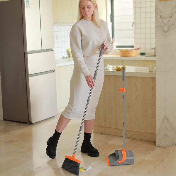 Elegant Gray & Orange Dustpan Set with Long Handle - Effortless Cleaning Tool