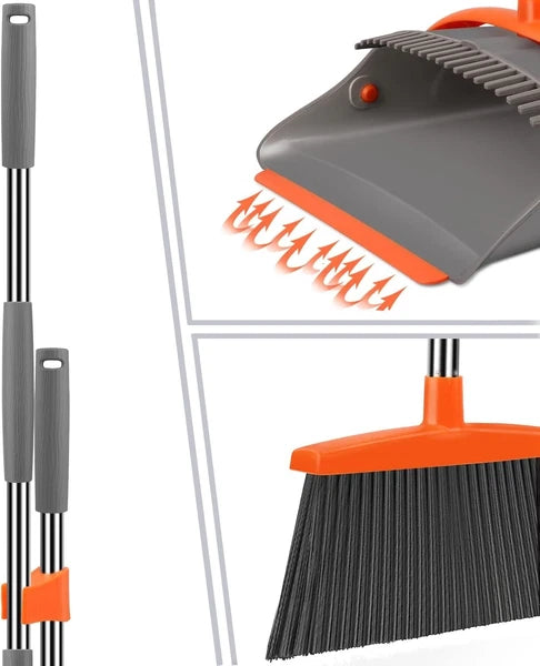 Elegant Gray & Orange Dustpan Set with Long Handle - Effortless Cleaning Tool