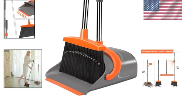 Elegant Gray & Orange Dustpan Set with Long Handle - Effortless Cleaning Tool