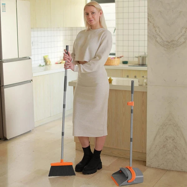 Elegant Gray & Orange Dustpan Set with Long Handle - Effortless Cleaning Tool